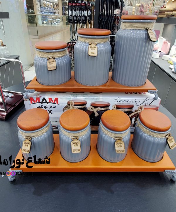 ست پا سماوری و جا ادویه گلس کالر استند و درب چوبی مام لوکس رنگ طوسی