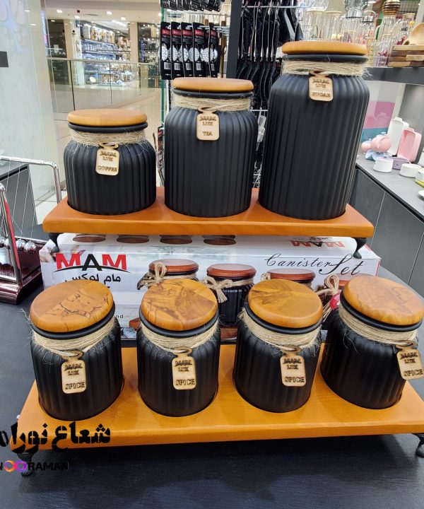 ست پا سماوری و جا ادویه گلس کالر استند و درب چوبی مام لوکس رنگ مشکی